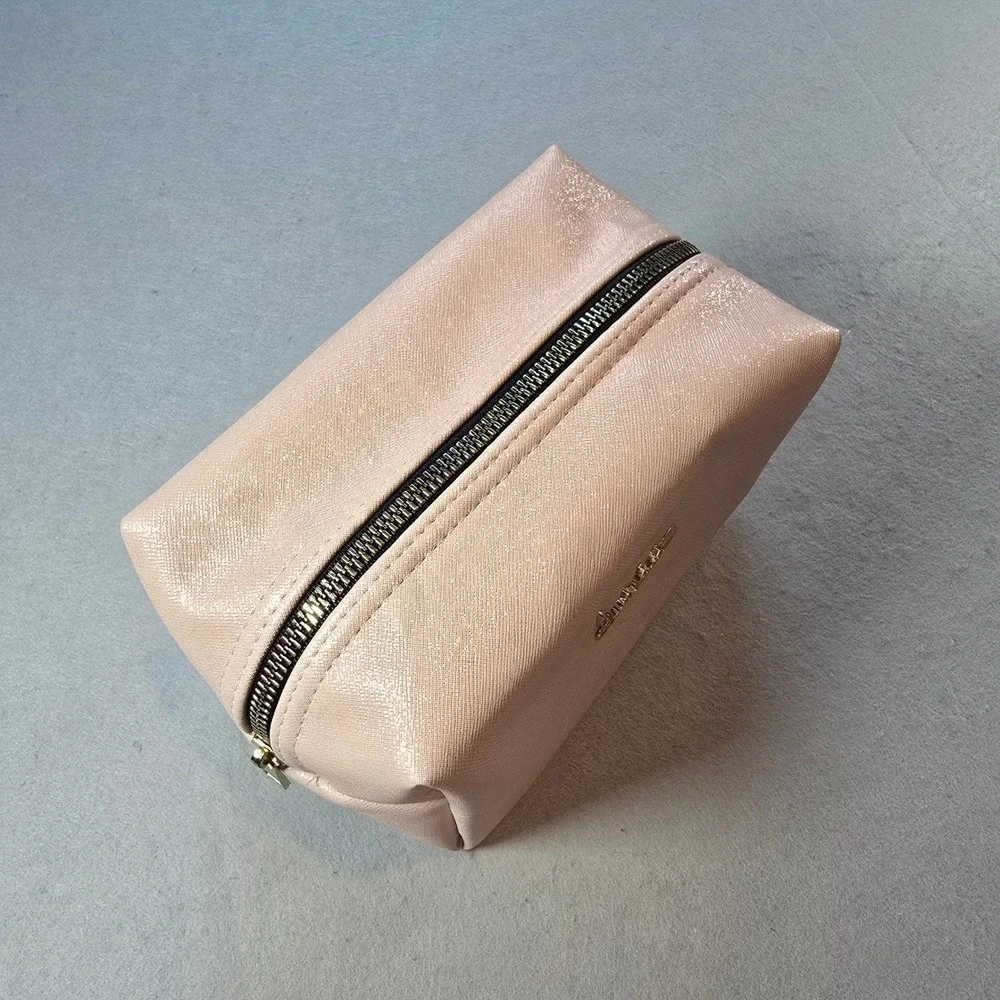 Nicole Miller New York Rose Gold Saffiano Faux Leather Cosmetic Makeup Bag Pouch